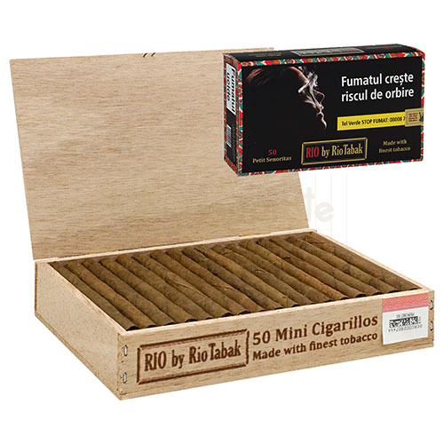 cutie din lemn cu 50 tigari de foi fara filtru RIO by RioTabak Mini Cigarillos
