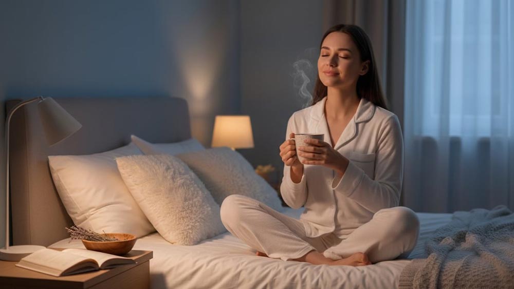 femeie care sta in pat cu o cana de cafea in mana