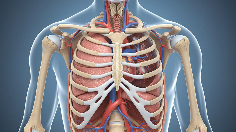 Ilustrație medicală cu plămân colabat și spațiu pleural cu aer acumulat