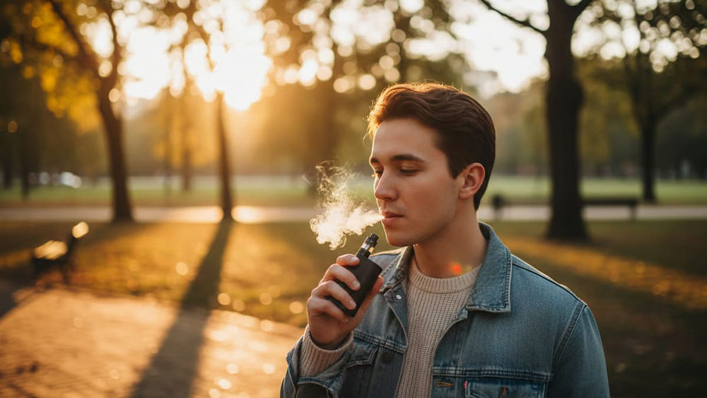 Persoană tânără vapând relaxat afară, ținând un dispozitiv de vapat compact