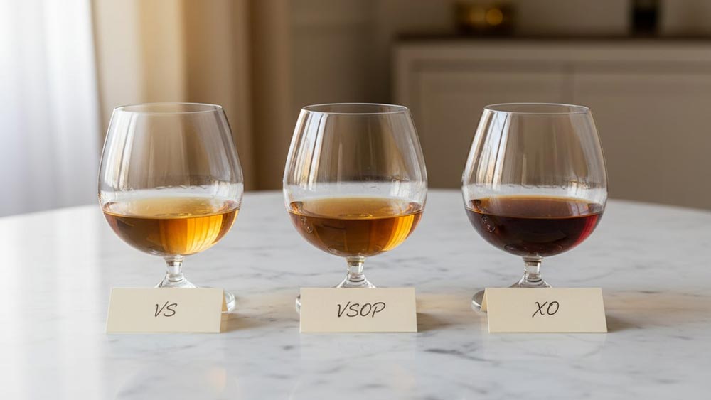 Pahare cu diverse tipuri de coniac, VS, VSOP si XO