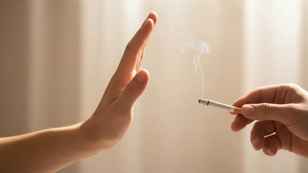 Persoană care refuză o țigară, simbolizând renunțarea la fumat după pneumotorax