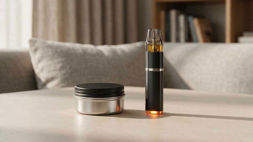 O cutie metalica de pouch-uri cu nicotina langa un vape