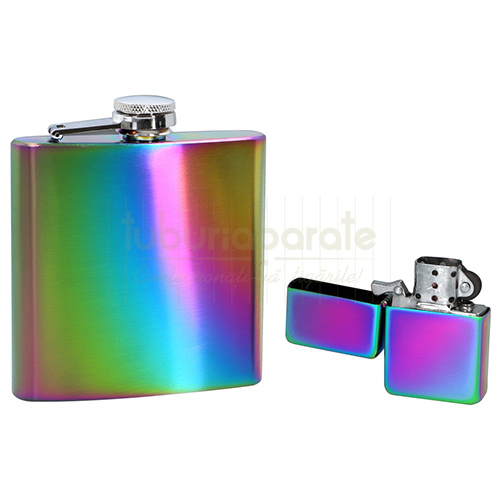 Set Plosca DM 30 Rainbow 180 ml Set cu plosca pentru alcool si bricheta benzina metalica marca DM