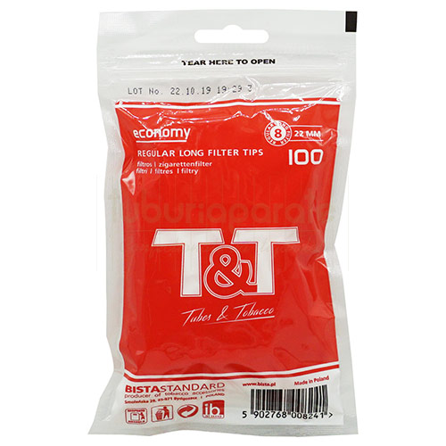 Filtre Tigari T&T Economy Regular Long 8/22 mm (100) Plic cu 100 de filtre lungi pentru rulat tigari T&T Economy Regular Long 8/22 mm