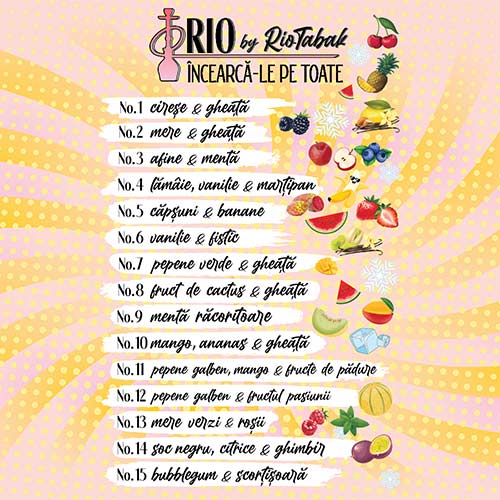 Aroma narghilea RIO No. 5 (capsuni si banane) 50g Aroma narghilea RIO No. 5 in pachet de 50g cu gust de capsuni si banane