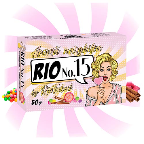 Aroma narghilea RIO No. 15 (bubblegum si scortisoara) 50g Pachet cu 50 grame de aroma pentru narghilea cu aroma de bubblegum si scortisoara RIO No. 15