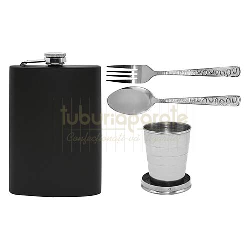Set Plosca DM 20 (270 ml) Set complet de plosca alcool cu pahar telescopic, furculita, lingura si geanta pentru transport incluse DM 20