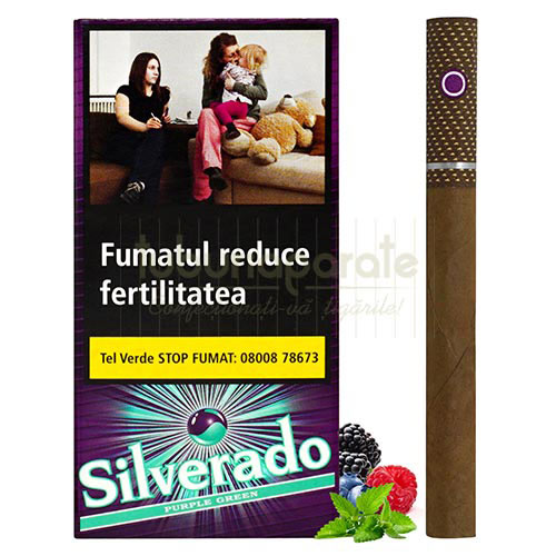Tigari de foi Silverado Click Purple Green 15g (10) Pachet cu 10 tigari de foi cu filtru click aroma de fructe de padure si menta Silverado Click Purple Green