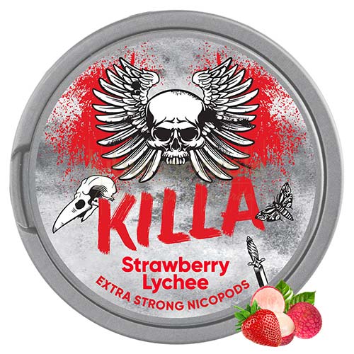 Pouch nicotina Killa Strawberry Lychee Strong (12,8 mg/pouch) Cutie cu 20 de pliculete cu nicotina de vanzare aroma de capsuni si lici Killa Strawberry Lychee Extra Strong