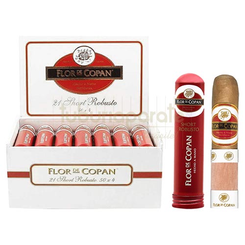 Trabucuri Flor de Copan Classic Belicoso (20) Cutie din lemn cu 21 de trabucuri ambalate in tub de pastrare Flor de Copan Maya Short Robusto Tubos