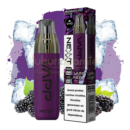 Mini narghilea VIVO Nexxt Blackberry Ice (20 mg) 1000 pufuri Mini narghilea de unica folosinta VIVO Nexxt Blackberry Ice (20 mg) cu aroma de mure si gheata