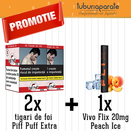 2 x Tigari de foi Piff Puff Extra 240g + 1 x FLIX Peach Ice (20 mg) 400 pufuri Oferta promotionala tigari de foi Piff Puff Extra 240g + FLIX Peach Ice 20 mg