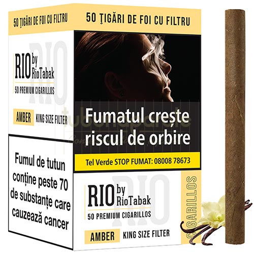 Tigari de foi RIO Amber Filter by RioTabak 65g (vanilie) 50 Tigari de foi cu filtru si aroma de vanilie RIO Amber Filter by RioTabak 65g