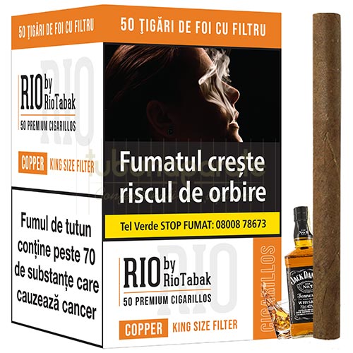 Tigari de foi RIO Copper Filter by RioTabak 65g (whisky) 50 Pachet cu 50 de tigari de foi cu filtru si aroma de Whisky RIO Copper Filter by RioTabak 65g