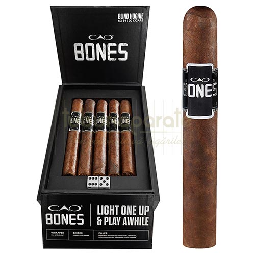 Trabucuri CAO Bones Blind Hughie (20) Cutie din lemn cu 20 de trabucuri si 2 zaruri de joc incluse CAO Bones Blind Hughie