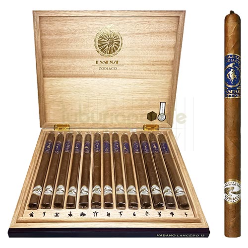 Trabucuri Essenze Zodiaco Habano Lancero Wood Box (10) Cutie cu 10 trabucuri Essenze Zodiaco Habano Lancero Wood Box cu lungimea de 195
