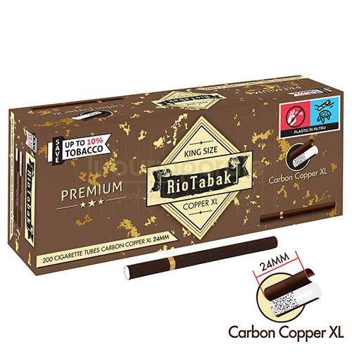 Tuburi Tigari RioTabak Copper XL Carbon Activ (24 mm) 200 Cutie cu 200 tuburi maro pentru injectat tutun cu carbon activ filtru extra long 24 mm RioTabak Copper XL Carbon Activ