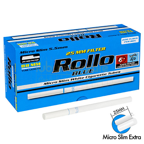 Tuburi tigari Rollo Micro Slim Blue Extra 25 mm (200) Cutie cu 200 de tuburi tigari pentru injectat tutun Rollo Micro Slim Blue Extra cu filtru de 25 mm