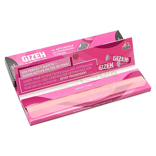 Foite Rulat Tutun Gizeh Pink KS Slim + Activ Tips Pachet cu 34 foite de rulat tutun Gizeh Pink KS Slim cu 16 filter tips cu carbon activ incluse