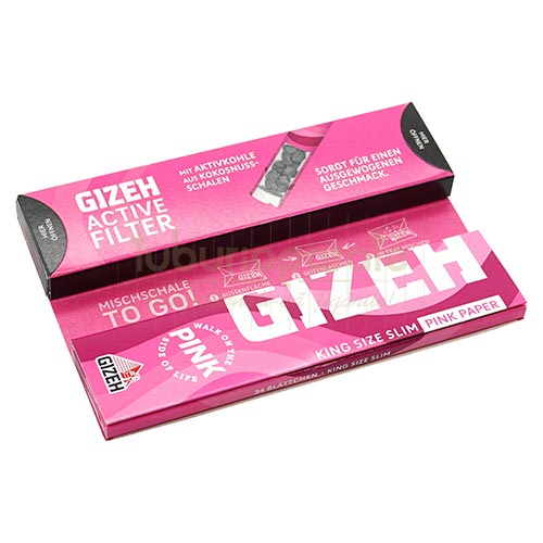 Foite Rulat Tutun Gizeh Pink KS Slim + Activ Tips Pachet cu 34 foite de rulat tutun Gizeh Pink KS Slim cu 16 filter tips cu carbon activ incluse