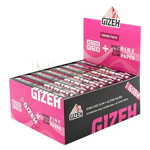 Foite Rulat Tutun Gizeh Pink KS Slim + Activ Tips Pachet cu 34 foite de rulat tutun Gizeh Pink KS Slim cu 16 filter tips cu carbon activ incluse