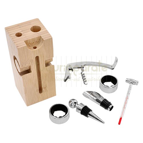 Set Vin DM20 Wood Set cadou cu suport din lemn cu 6 accesorii pentru vin DM20