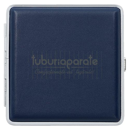 Tabachera Metalica DM 16 Blue Tabachera metalica pentru tigari rulate cu exterior din piele ecologica cu suport tigari din banda elastica marca DM 16
