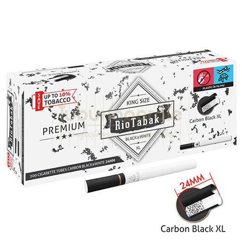 Tuburi Tigari RioTabak Black & White XL Carbon Activ (24 mm) 200 Cutie cu 200 tuburi tigari pentru injectat tutun cu filtru negru de 24 mm cu carbon activ RioTabak Black & White XL