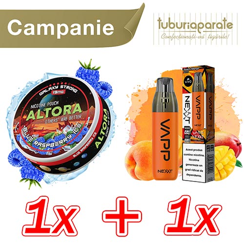 1x Pouch Altora Blue Raspberry Ice (19mg/pouch) + 1x Vivo Nexxt Peach Mango (1000 pufuri) 1x Pouch Altora Blue Raspberry Ice (19mg/pouch) + 1x Vivo Nexxt Peach Mango (1000 pufuri)