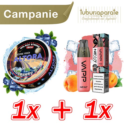 1x Pouch Altora Blueberry Ice (19mg/pouch) + 1x Vivo Nexxt Peach Ice (1000 pufuri) 1x Pouch Altora Blueberry Ice (19mg/pouch) + 1x Vivo Nexxt Peach Ice (1000 pufuri)