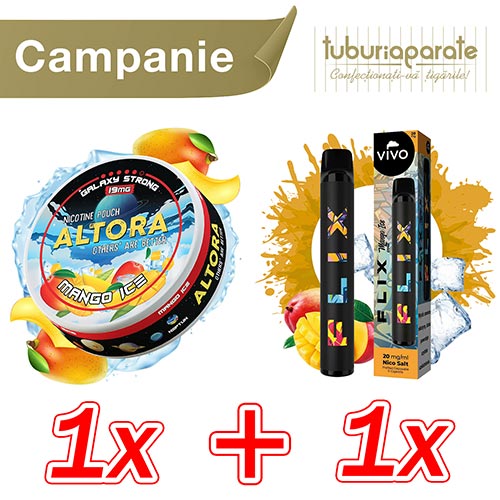 1x Pouch Altora Mango Ice (19mg/pouch) + 1x Vivo Flix Mango Ice (700 pufuri) 1x Pouch Altora Mango Ice (19mg/pouch) + 1x Vivo Flix Mango Ice (700 pufuri)
