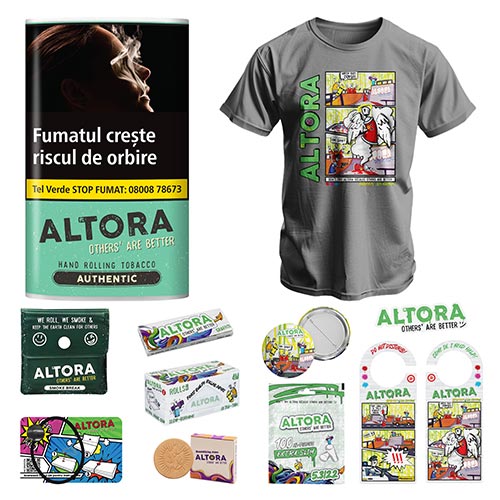 10 x Tutun Altora Authentic 30g + Altora merch (6th Edition) Pachet promotional cu 10 pachete de tutun Altora Authentic 30g si diverse accesorii marca Altora