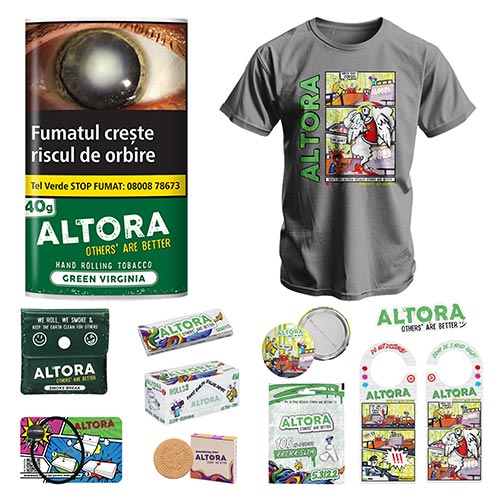 10 x Tutun Altora Green Virginia 40g + Altora merch (6th Edition) Pachet promotional cu 10 tutunuri Altora Green Virginia 40g plus diverse produse marca Altora