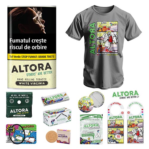 10 x Tutun Altora White Virginia 30g + Altora merch (6th Edition) Promotie cu 10 pachete de tutun Altora White Virginia 30g si alte produse marca Altora