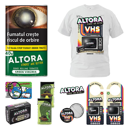 10 x Tutun Altora Green Virginia 40g + Altora merch (7th Edition) Pachet editie limitata promotionala cu tutun Altora Green Virginia 40g, tricou Altora VHS si accesorii Altora