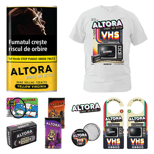 10 x Tutun Altora Yellow Virginia 30g + Altora merch (7th Edition) Pachet promotional cu tutun Altora Yellow Virginia, tricou Altora editie limitata VHS si produse Altora