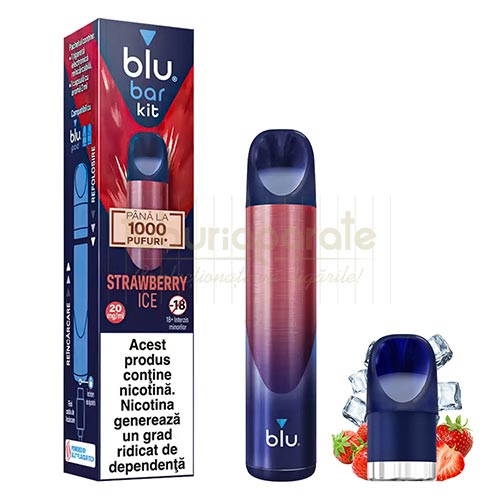 Kit Blu Bar Strawberry Ice 20MG (1 capsula) Kit complet vape cu cartuse Blu Bar Strawberry Ice cu 1 capsula inclusa cu nicotina de 20 mg