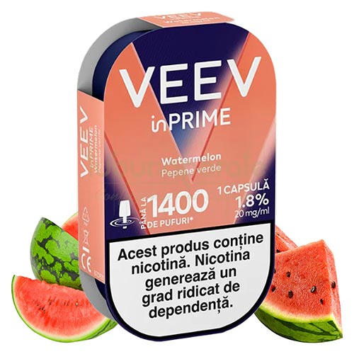 VEEV inPRIME Watermelon (1 capsula) Pachet cu 1 capsula VEEV inPRIME Watermelon cu aroma de pepene verde si 1400 de pufuri